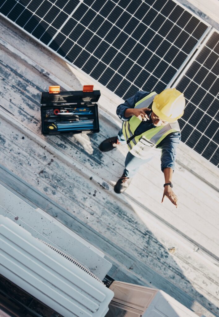 Phone call, air conditioner and maintenance person pointing HVAC machine, heat pump or roof inspec
