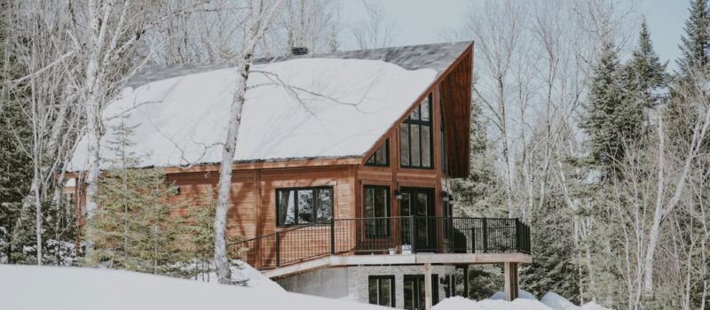 cabin near snowy forest